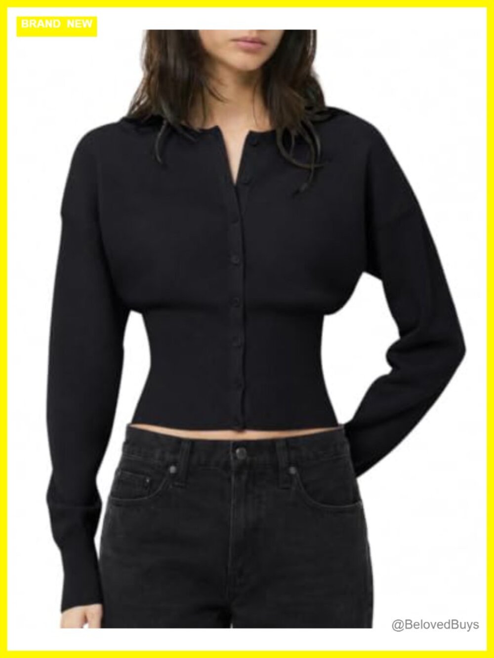 QINSEN Button Up Crewneck Cinched Waist Cropped Cardigan Sweater